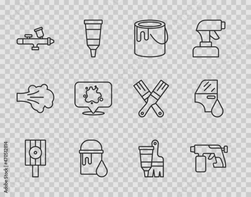 Set line Spray can nozzle cap, Paint spray gun, bucket, Tube with paint and brush and Car painting icon. Vector