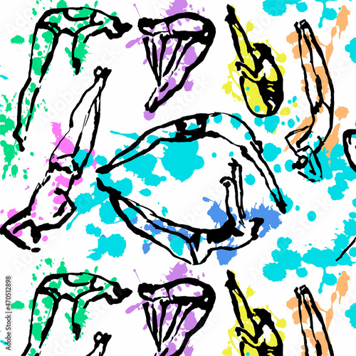 Vector drawn linear seamless pattern with Athletes performing Acrobatic Actions, Poses when Jumping into the Water. Concept Professional and Amateur Sports in Diving, Summer Games, Competitions. Set.