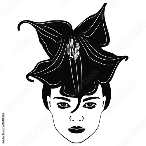 Pretty female face with datura flower as her hat or hair. Creative botanical concept. Black and white silhouette.