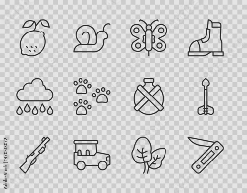 Set line Hunting gun, Swiss army knife, Butterfly, Safari car, Lemon, Paw print, Tropical leaves and Arrow icon. Vector