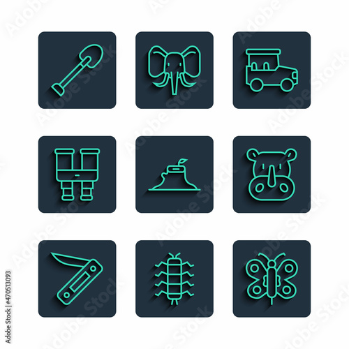 Set line Swiss army knife, Centipede insect, Butterfly, Safari car, Tree stump, Binoculars, Shovel and Rhinoceros icon. Vector