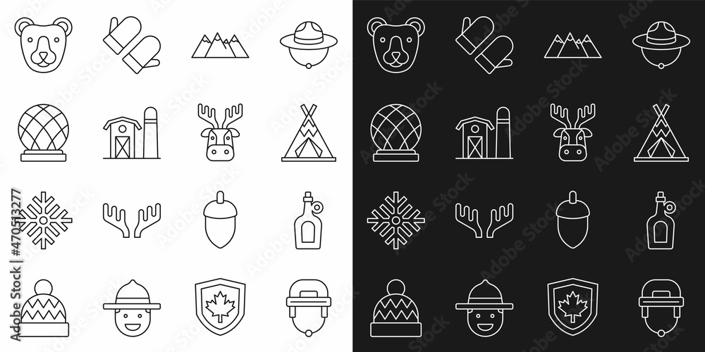 Set line Hockey helmet, Bottle of maple syrup, Indian teepee or wigwam, Mountains, Farm house, Montreal Biosphere, Bear head and Deer with antlers icon. Vector