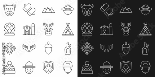 Set line Hockey helmet  Bottle of maple syrup  Indian teepee or wigwam  Mountains  Farm house  Montreal Biosphere  Bear head and Deer with antlers icon. Vector