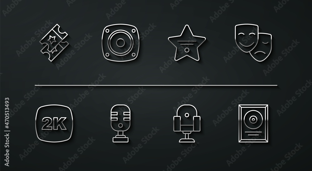 Set line Cinema ticket, 2k Ultra HD, Comedy and tragedy masks, Director movie chair, Microphone, Stereo speaker, CD disk award frame and Walk of fame star icon. Vector Set line Cinema ticket, 2k Ultra HD, Comedy and tragedy masks, Director movie chair, Microphone, Stereo speaker, CD disk award frame and Walk of fame star icon. Vector