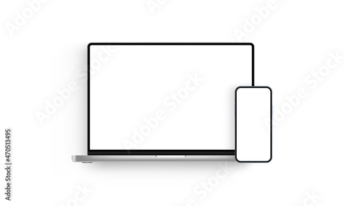 Laptop and Mobile Phone with Blank Screens, Isolated on White Background. Vector Illustration