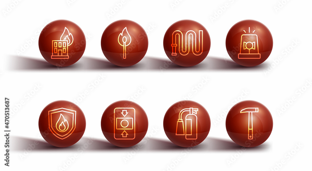 Set line Fire in burning building, protection shield, Flasher siren, extinguisher, alarm system, Burning match with fire, Firefighter axe and hose reel icon. Vector Set line Fire in burning building, protection shield, Flasher siren, extinguisher, alarm system, Burning match with fire, Firefighter axe and hose reel icon. Vector
