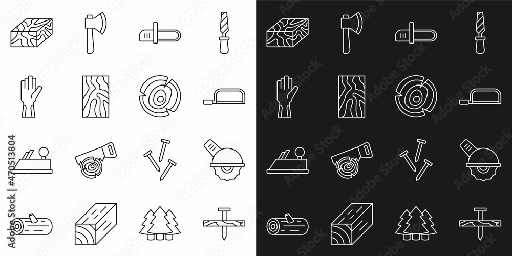 Set line Metallic nail, Electric circular saw, Hacksaw, Chainsaw, Wooden beam, Protective gloves, and logs icon. Vector