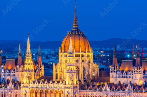 Dome of Hungarian parliament building at sunset, Budapest, Hungary