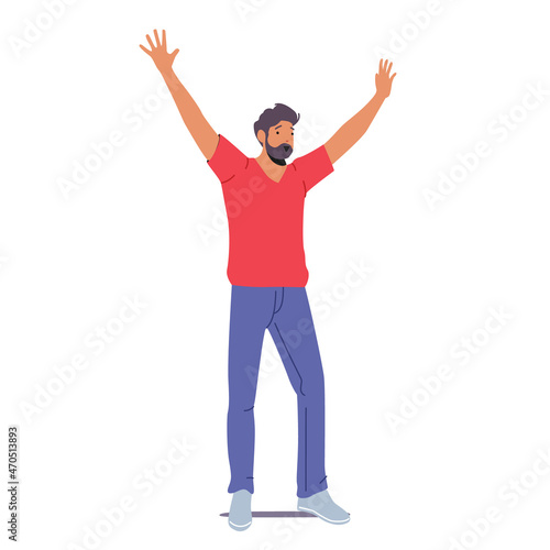 Adult Bearded Man in Casual Clothes Waving Hands in Greeting or Welcome Gesture. Happy Male Character