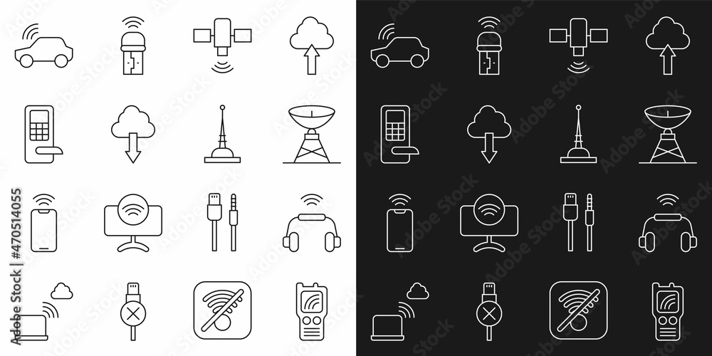 Set line Walkie talkie, Smart headphones system, Satellite dish, Cloud download, Digital door lock, car and Antenna icon. Vector Set line Walkie talkie, Smart headphones system, Satellite dish, Cloud download, Digital door lock, car and Antenna icon. Vector