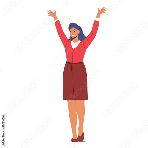 Happy Female Character Waving Hands. Woman Say Hello, Celebrate Success, Greeting Friend, Cheerful Girl Positive Emotion