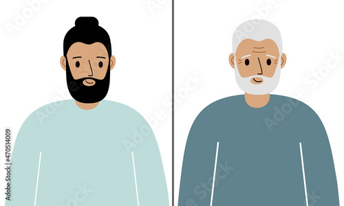 Young and Old Man Vector Concept Illustration. Normalizing gracefully aging process conceptual poster. Before and after concept