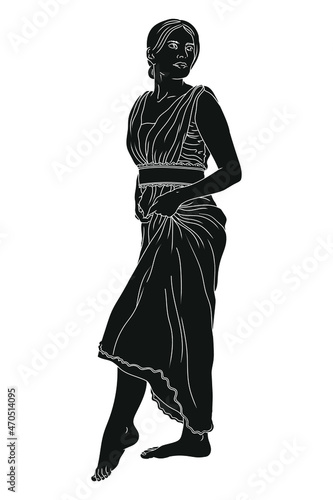 A young beautiful slender girl is standing and trying on a dress. Vector illustration isolated on white background.