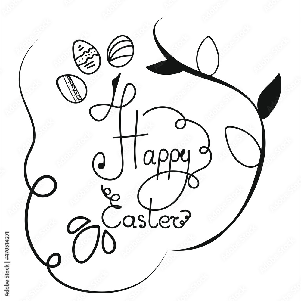 Orange background with Easter eggs in a grass, holiday lettering Happy Easter, illustration.