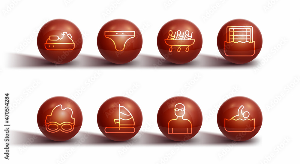 Set line Jet ski, Glasses for swimming, Water polo, Swimmer, Windsurfing, Swimming trunks, and Canoe rowing team sports icon. Vector Set line Jet ski, Glasses for swimming, Water polo, Swimmer, Windsurfing, Swimming trunks, and Canoe rowing team sports icon. Vector