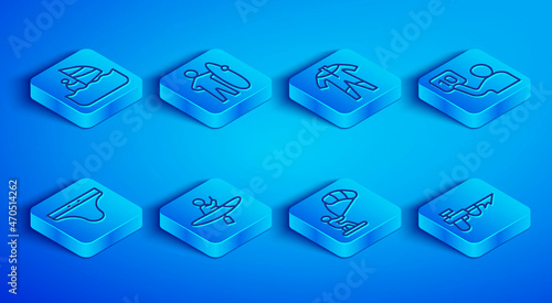 Set line Windsurfing, Surfboard, Wetsuit for scuba diving, Kayak and paddle, Kitesurfing, Assessment of judges, Swimming trunks and Fishing harpoon icon. Vector