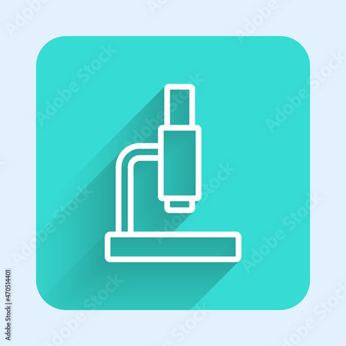 White line Microscope icon isolated with long shadow. Chemistry, pharmaceutical instrument, microbiology magnifying tool. Green square button. Vector