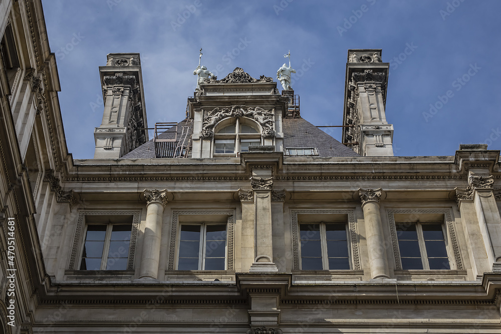 Architectural fragments of City Hall of Paris (Hotel de Ville de Paris) neo-renaissance style building - seat of the Paris City Council since 1357. Paris, France.