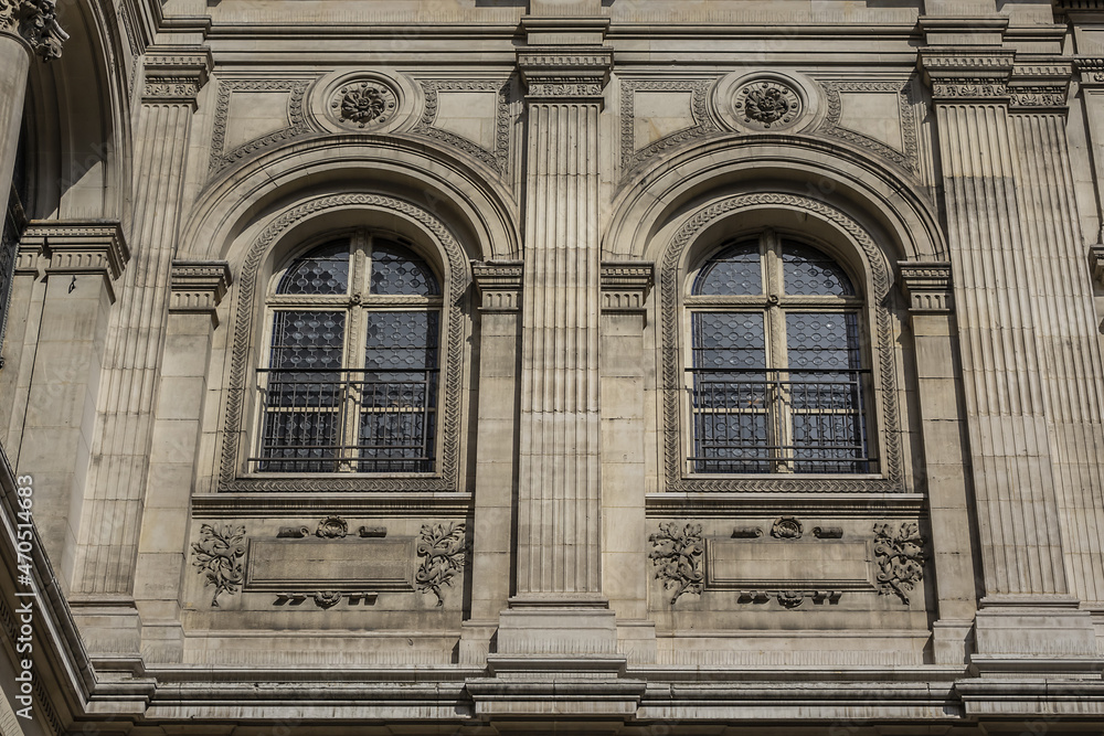 Architectural fragments of City Hall of Paris (Hotel de Ville de Paris) neo-renaissance style building - seat of the Paris City Council since 1357. Paris, France.