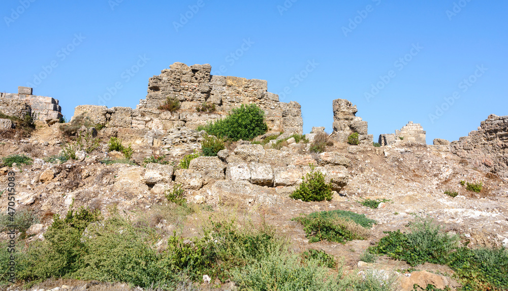 City wall. Fortress wall from the side of the sea. Ruin. Side. Manavgat. Turkey City wall. Fortress wall from the side of the sea. Ruin. Side. Manavgat. Turkey