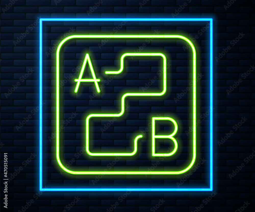 Glowing neon line Route location icon isolated on brick wall background. Map pointer sign. Concept of path or road. GPS navigator. Vector Glowing neon line Route location icon isolated on brick wall background. Map pointer sign. Concept of path or road. GPS navigator. Vector