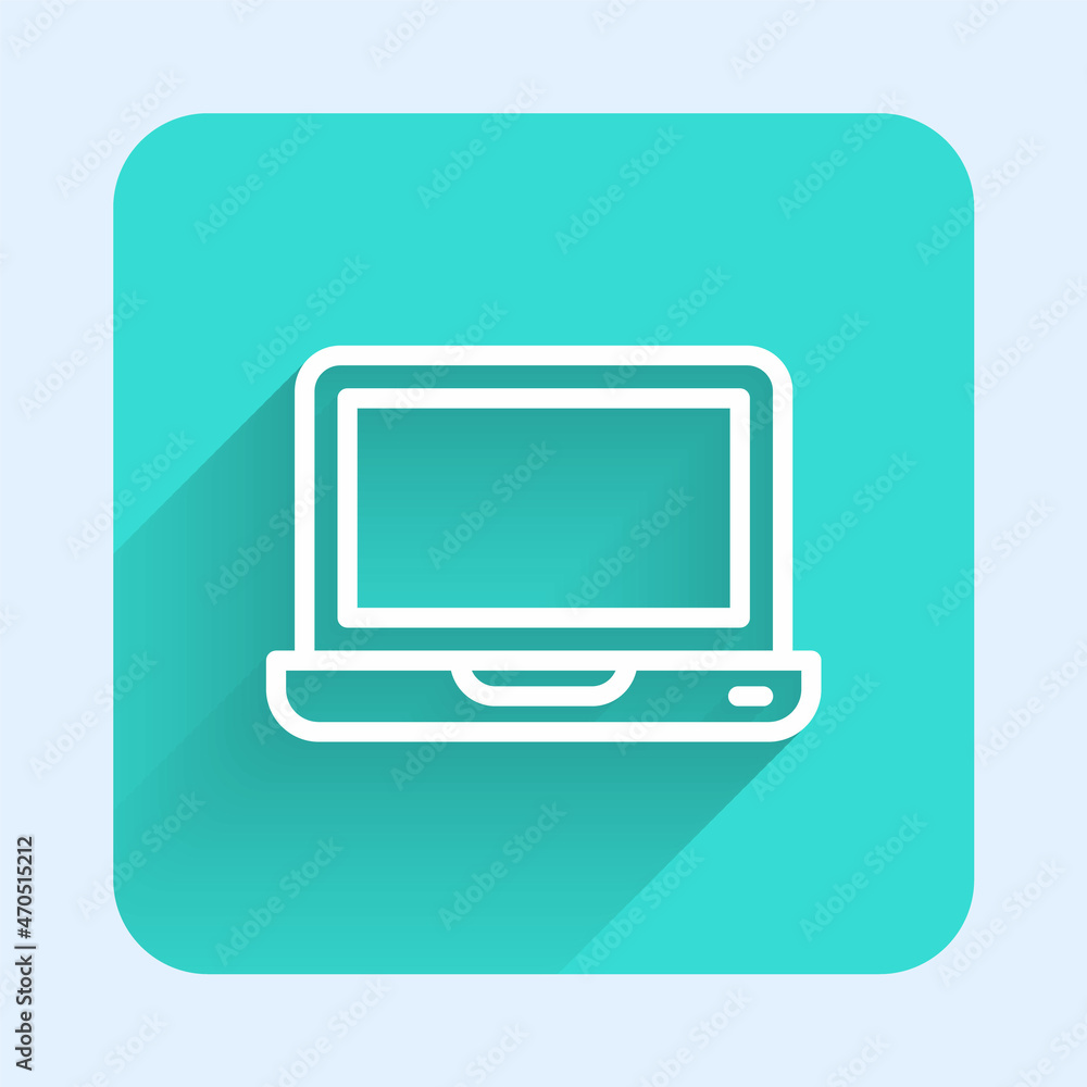 White line Laptop icon isolated with long shadow. Computer notebook with empty screen sign. Green square button. Vector White line Laptop icon isolated with long shadow. Computer notebook with empty screen sign. Green square button. Vector