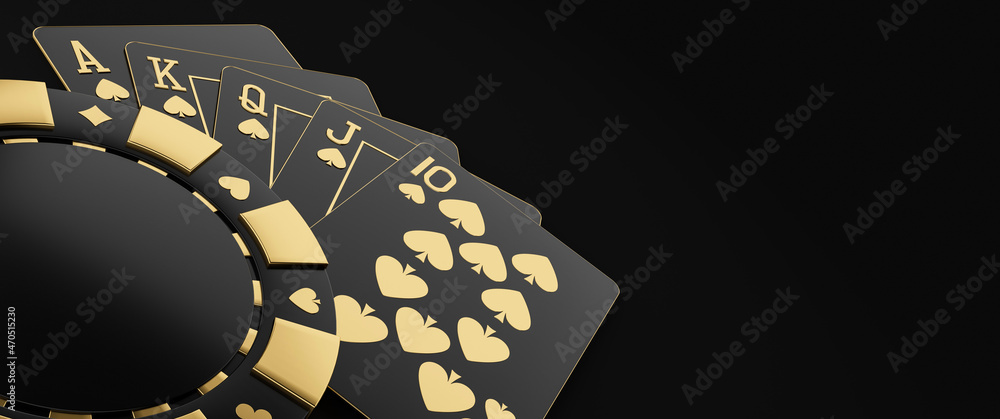Modern Black And Golden Royal Flush In Spades Poker Playing Cards And Chip On Black Background - 3D Illustration - obrazy, fototapety, plakaty 