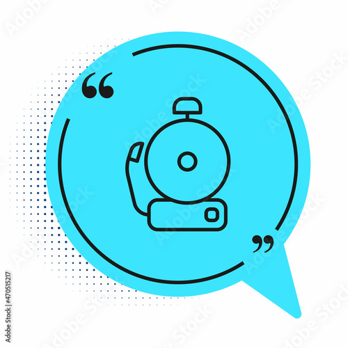 Black line Ringing alarm bell icon isolated on white background. Alarm symbol, service bell, handbell sign, notification symbol. Blue speech bubble symbol. Vector © Kostiantyn