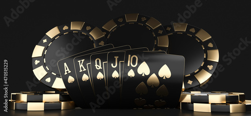 Modern Black And Golden Royal Flush In Spades Poker Playing Cards And Chips On Black Background - 3D Illustration