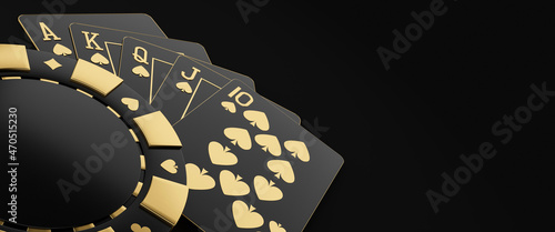 Принти на полотні Modern Black And Golden Royal Flush In Spades Poker Playing Cards And Chip On Bl