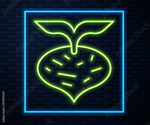 Glowing neon line Fresh beet with leaf icon isolated on brick wall background. Natural Root. Vegetable Ingredient for food. Vector