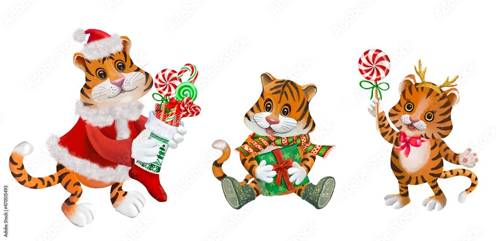 Cute Tigers,Christmas illustration.