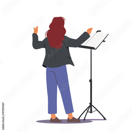 Conductor Character Perform on Stage Directing with Notebook and Symphony Orchestra Isolated on White Background