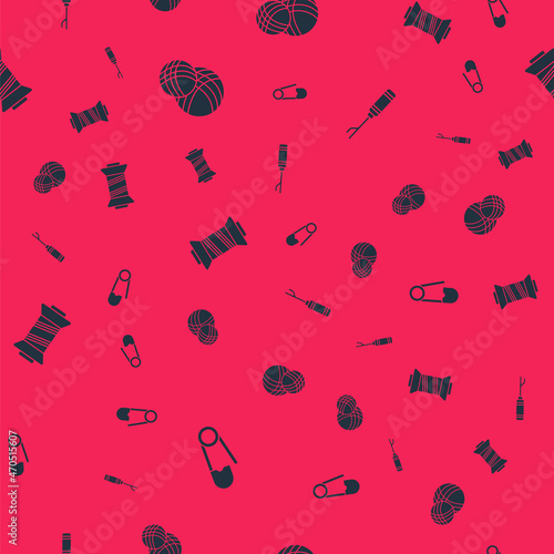 Set Safety pin, Yarn ball, Sewing thread and Awl tool on seamless pattern. Vector