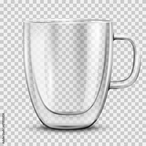Glass empty coffee cup, isolated on transparent background. Double walled glass mug with hot drink, cappuccino or latte. Mockup for brand advertising.Vector 3d realistic illustration