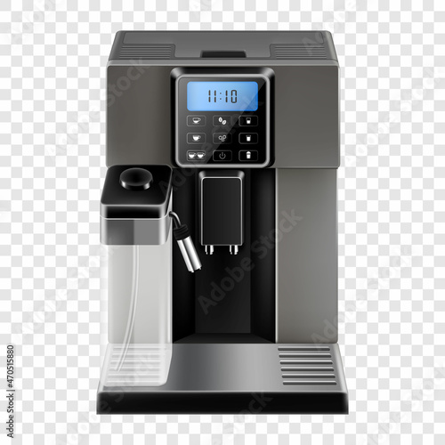 Realistic coffee machine. Household appliance design. Automatic espresso maker, isolated on transparent background. Electronic equipment for cappuccino preparing. Vector 3d illustration