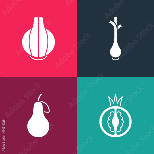 Set pop art Tomato, Pear, Fresh green onions and Onion icon. Vector
