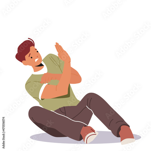 Fear, Panic Attack Concept. Man Protecting from Something with Hands Sitting on Floor, Male with Psychological Problems