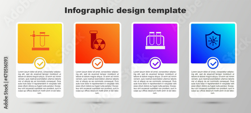 Set Test tube flask on stand, radiation, and Shield protecting from virus. Business infographic template. Vector