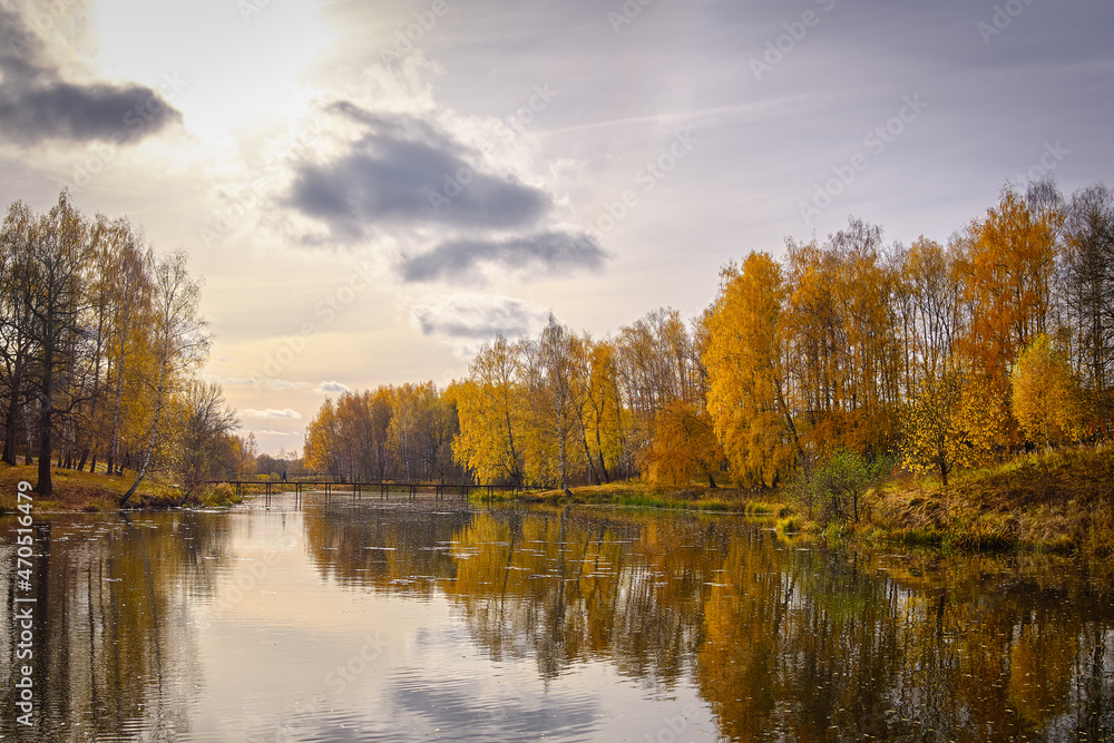 Fototapeta premium Beautiful, colorful autumn landscape. Forest lake surrounded by trees with yellowed foliage.