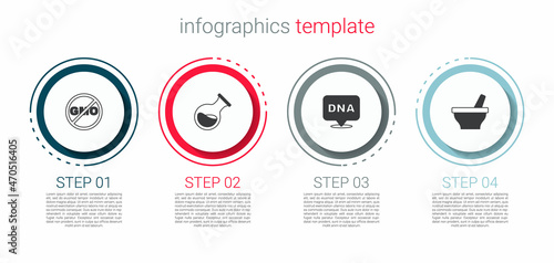 Set No GMO, Test tube and flask, DNA symbol and Mortar pestle. Business infographic template. Vector