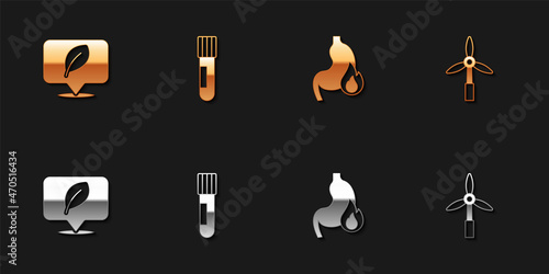Set Location with leaf, Test tube and flask, Stomach heartburn and Wind turbine icon. Vector