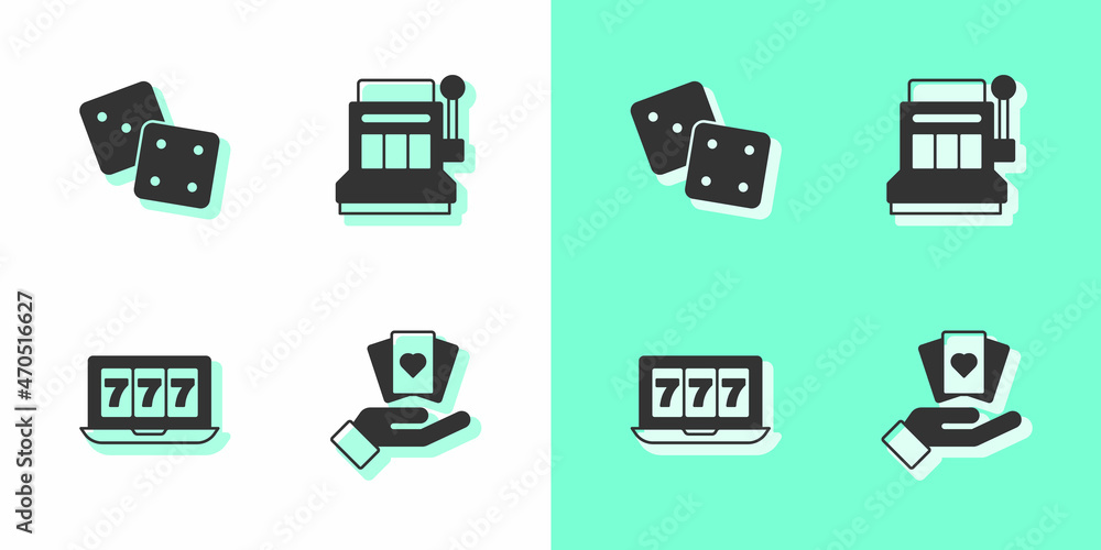 Set Hand holding playing cards, Game dice, Online slot machine with jackpot and Slot icon. Vector Set Hand holding playing cards, Game dice, Online slot machine with jackpot and Slot icon. Vector