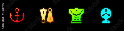 Set Anchor, Rubber flippers for swimming, Bodybuilder muscle and Electric fan icon. Vector