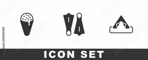 Set Ice cream in waffle cone, Rubber flippers for swimming and Tourist tent icon. Vector
