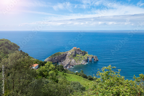 Island of gaztelugatxe on the Cantabrian coast with a stone staircase to go up to the hermitage of Saint John the Baptist, Famous place of San Juan de Gastelugache, Basque Country, Spain