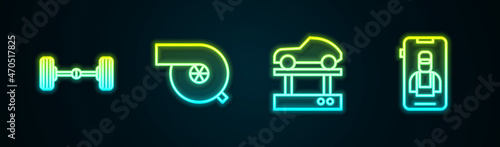 Set line Chassis car, Automotive turbocharger, Repair on lift and Online services. Glowing neon icon. Vector