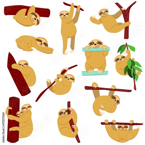 Collection with sloths. Sitting, relaxing, playing, hanging on branch. Mother, baby, adult, kids. Cartoon style. Cute and funny. Nature and ecology. Poster, post card, print, graphic design, textile