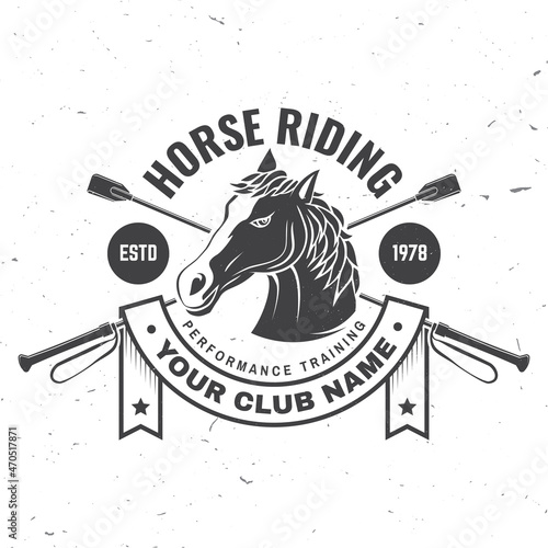 Horse riding sport club badges, patches, emblem, logo. Vector illustration. Vintage monochrome equestrian label with horse head, riding crop silhouettes. Horseback riding sport. Concept for shirt or