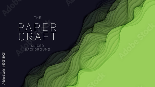 Green paper layers. 3D abstract gradient papercut. Colorful origami shape concept
